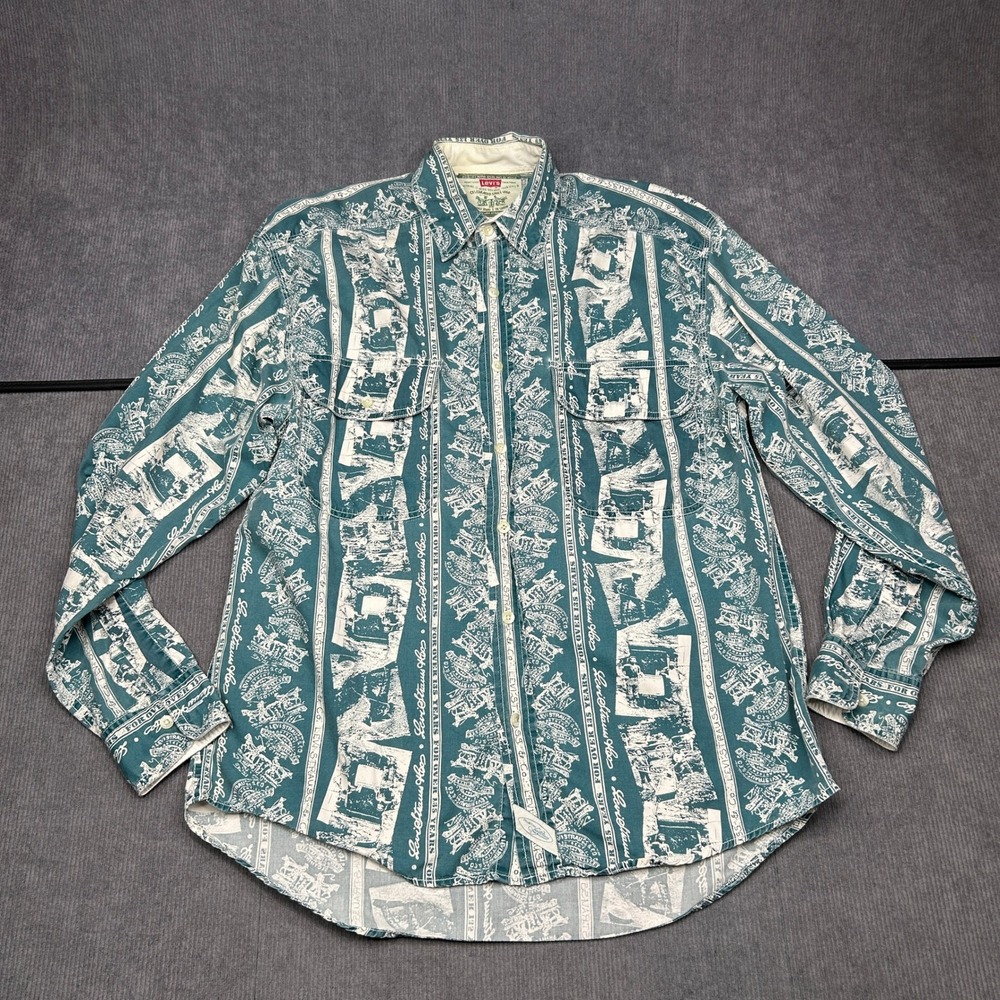 Levis Heritage Print Button Down Shirt Teal Green Graphic Cotton Mens Y2k Size M